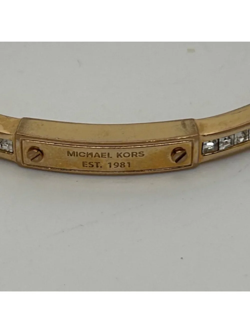 Michael Kors Gold Tone Hinged Bangle Bracelet With Channel Set Crystal Rhineston